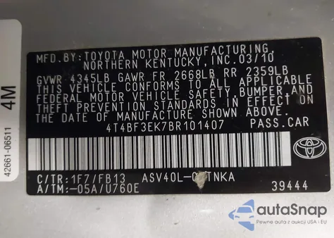 2011 Toyota Camry Le z USA, uszkodzony, nr VIN 4T4BF3EK7BR101407